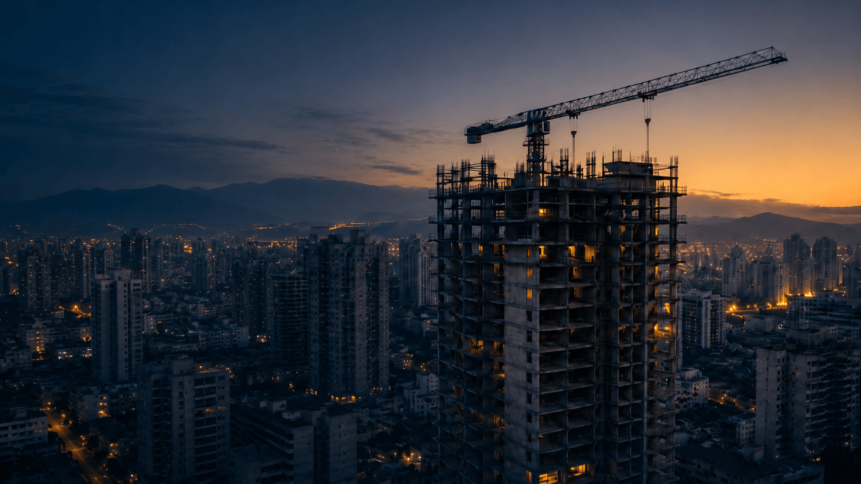 Vista de cidade com edifício residencial em construção ao entardecer