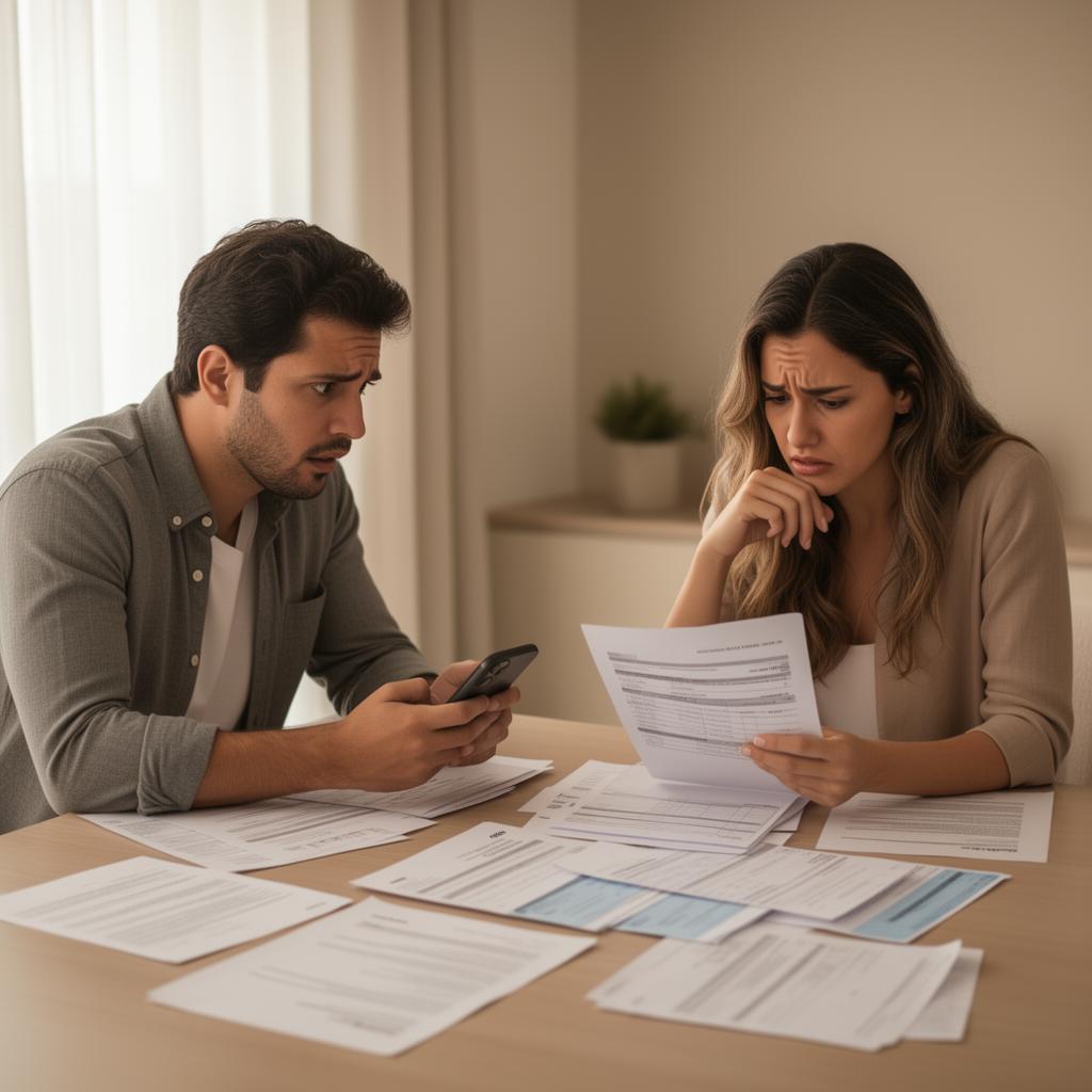 Casal preocupado analisando contratos e boletos do imóvel atrasado