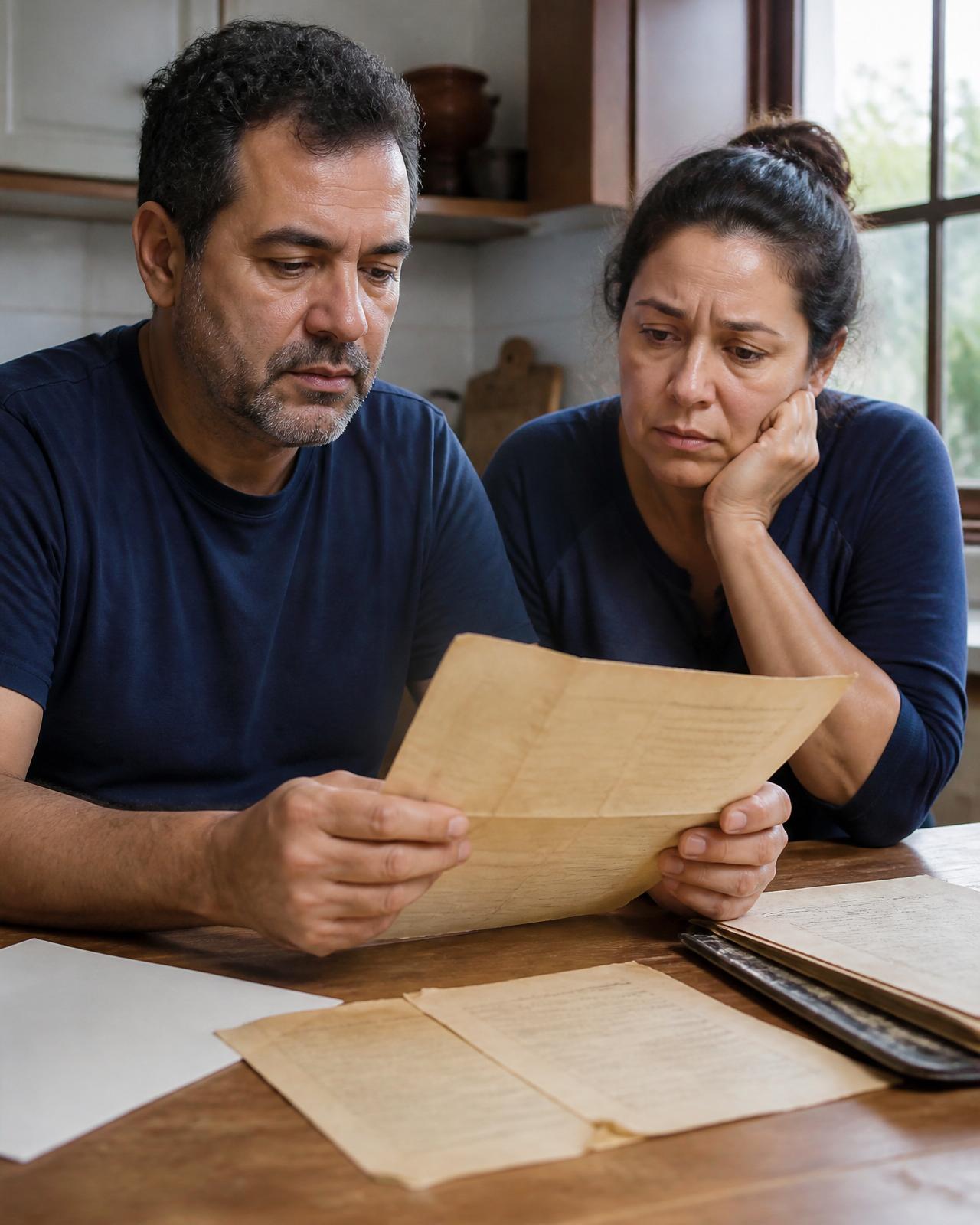 Casal analisando documentos antigos de imóvel com preocupação